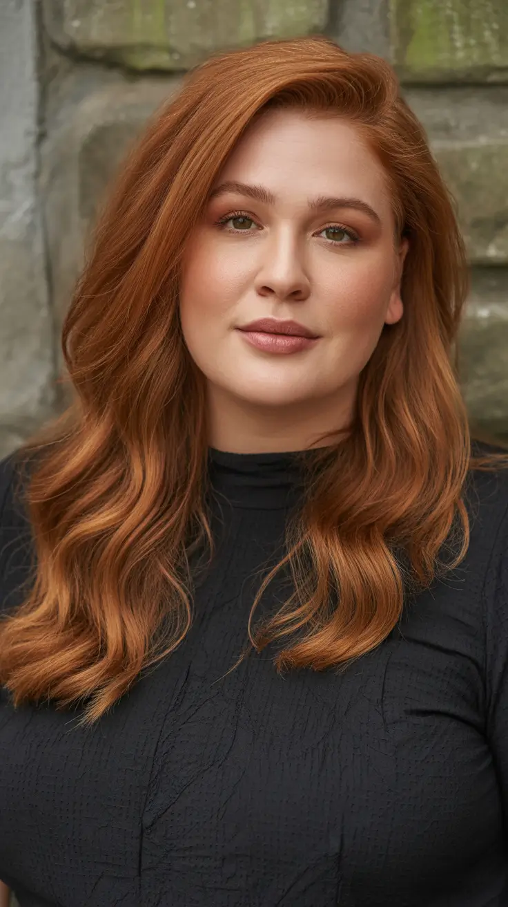 plus size winter haircuts for women 2025-2026 Long Copper Waves with Timeless Volume