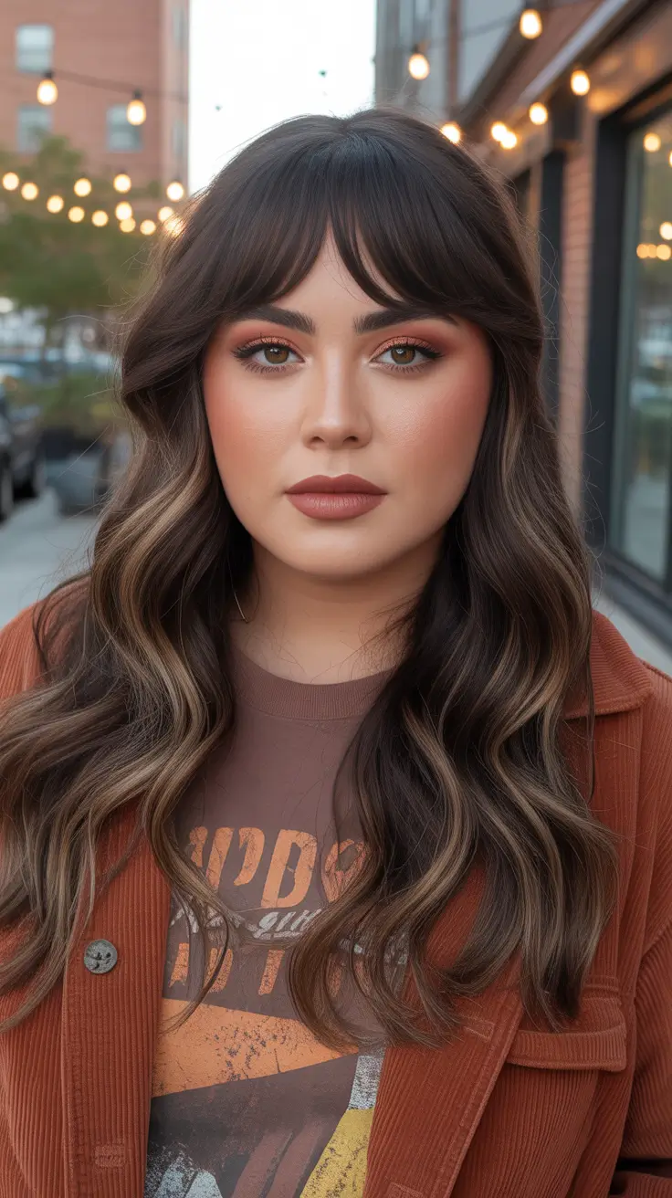 plus size winter haircuts for women 2025 2026 Long Brunette Layers with Soft Curtain Bangs