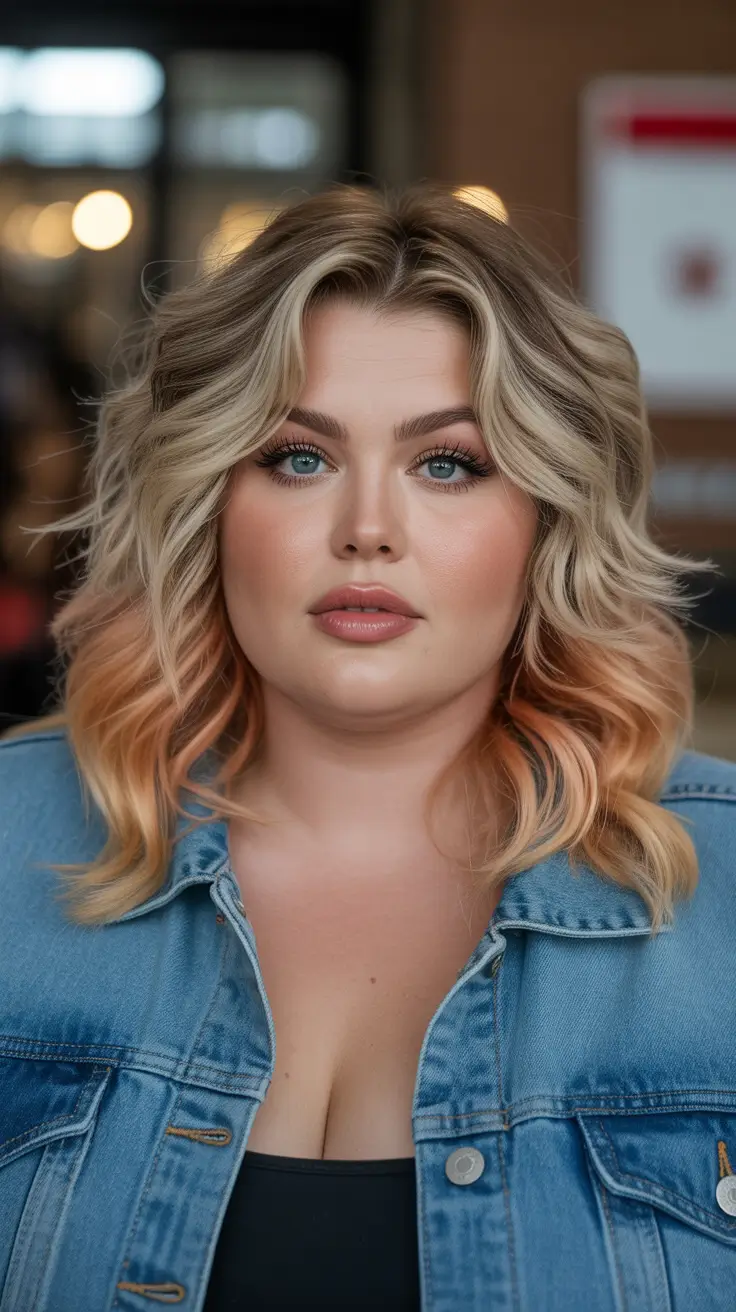plus size winter haircuts for women 2025 2026 Shoulder-Length Blonde with Peachy Ombre Ends