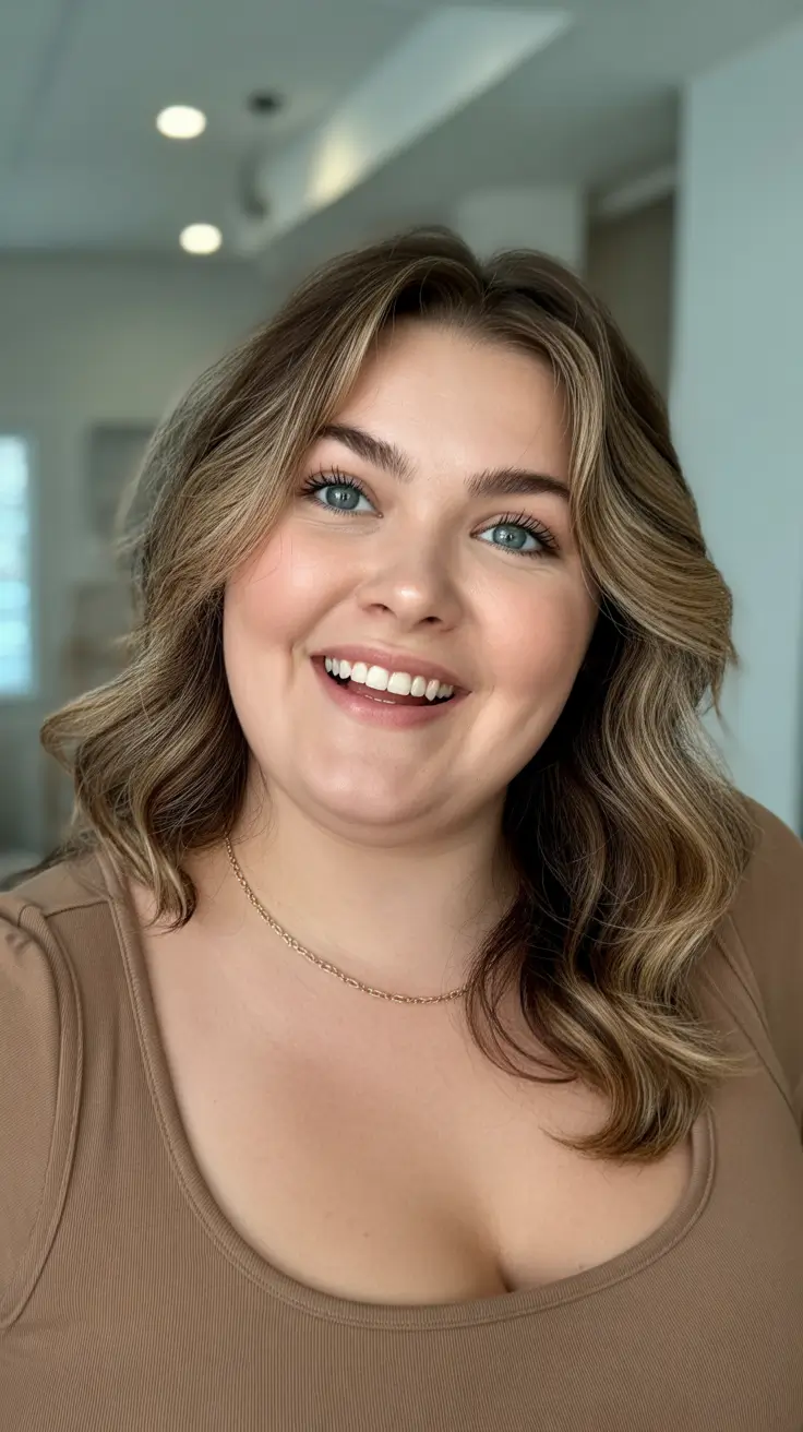 plus size winter haircuts for women 2025 2026 Soft Medium Waves with Subtle Balayage Highlights