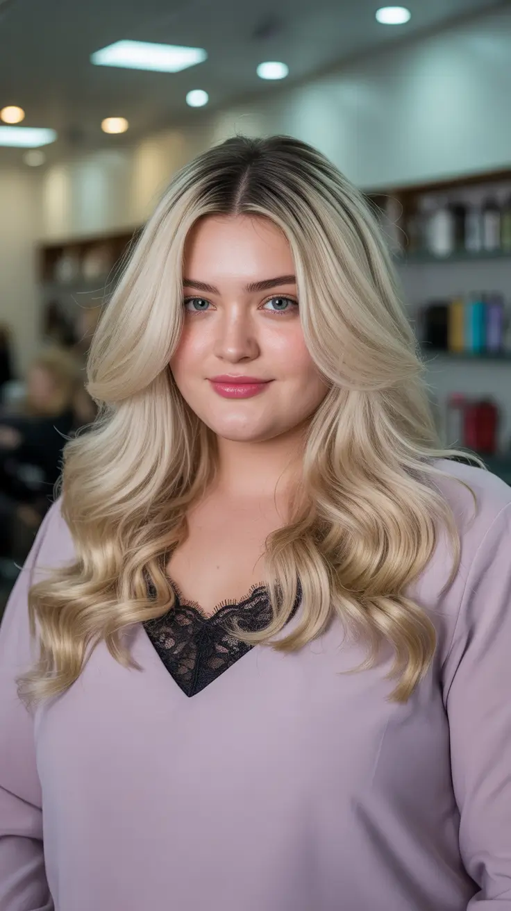 plus size winter haircuts for women 2025 2026 Long Hollywood Waves with a Winter Blonde Glow