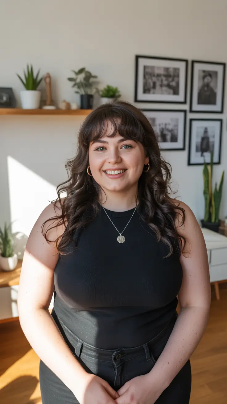 plus size winter haircuts for women 2025 2026 Curly Lob with Airy Bangs