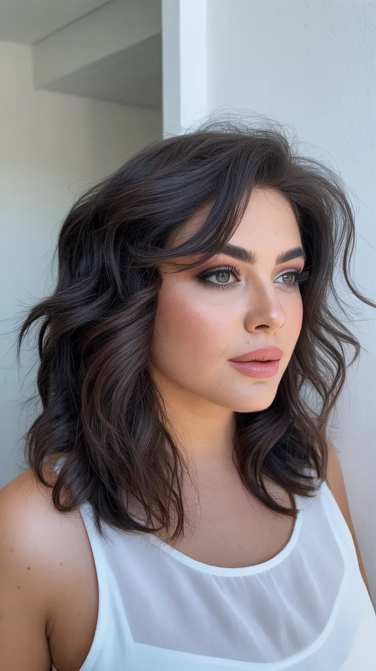 plus size winter haircuts for women 2025 2026 Layered Brunette Shag with Wispy Volume