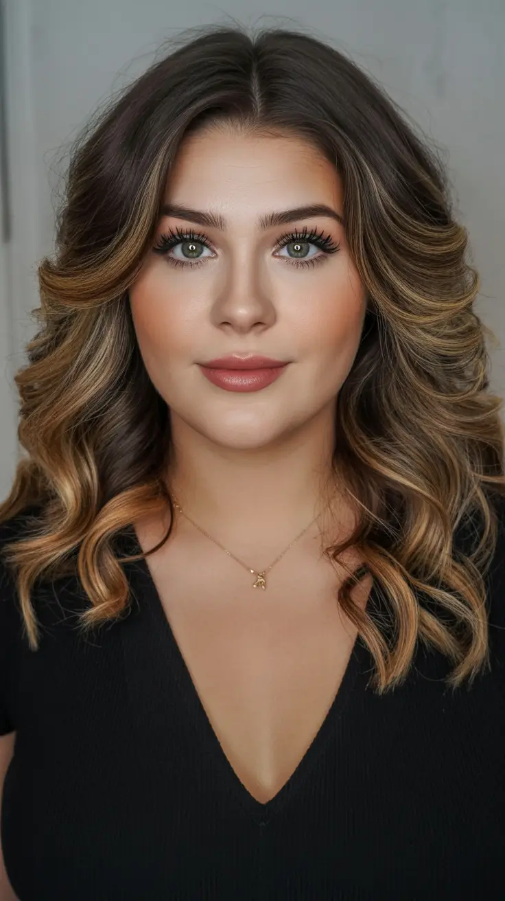 plus size winter haircuts for women 2025 2026 Golden Caramel Waves with a Retro Finish