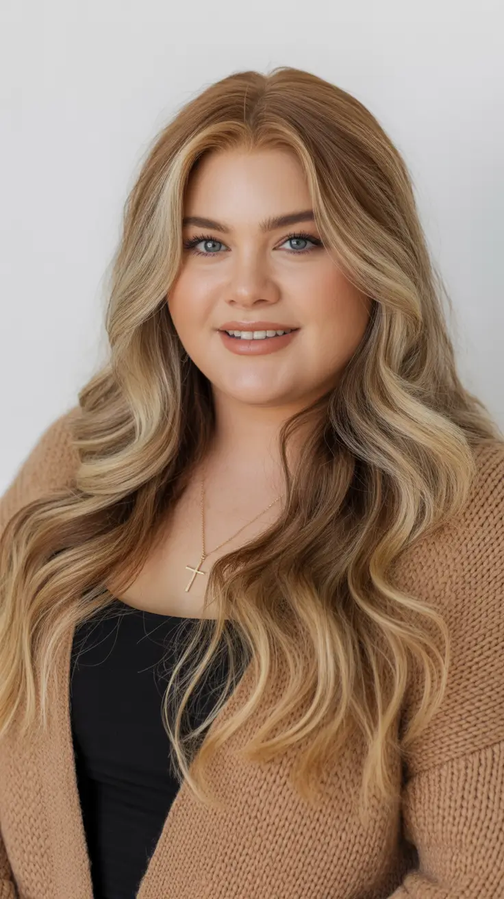 plus size winter haircuts for women 2025 2026 Soft Balayage Layers in Honey Brunette
