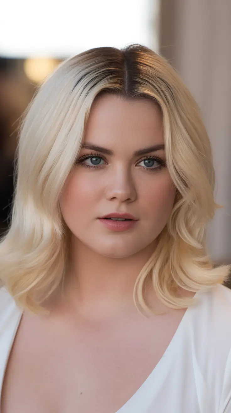 plus size winter haircuts for women 2025 2026 Soft Platinum Medium Cut with Retro Curtain Bangs