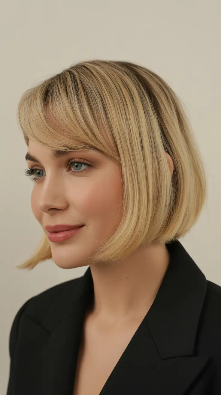 short layered haircuts winter Soft Honey Bob with Bangs