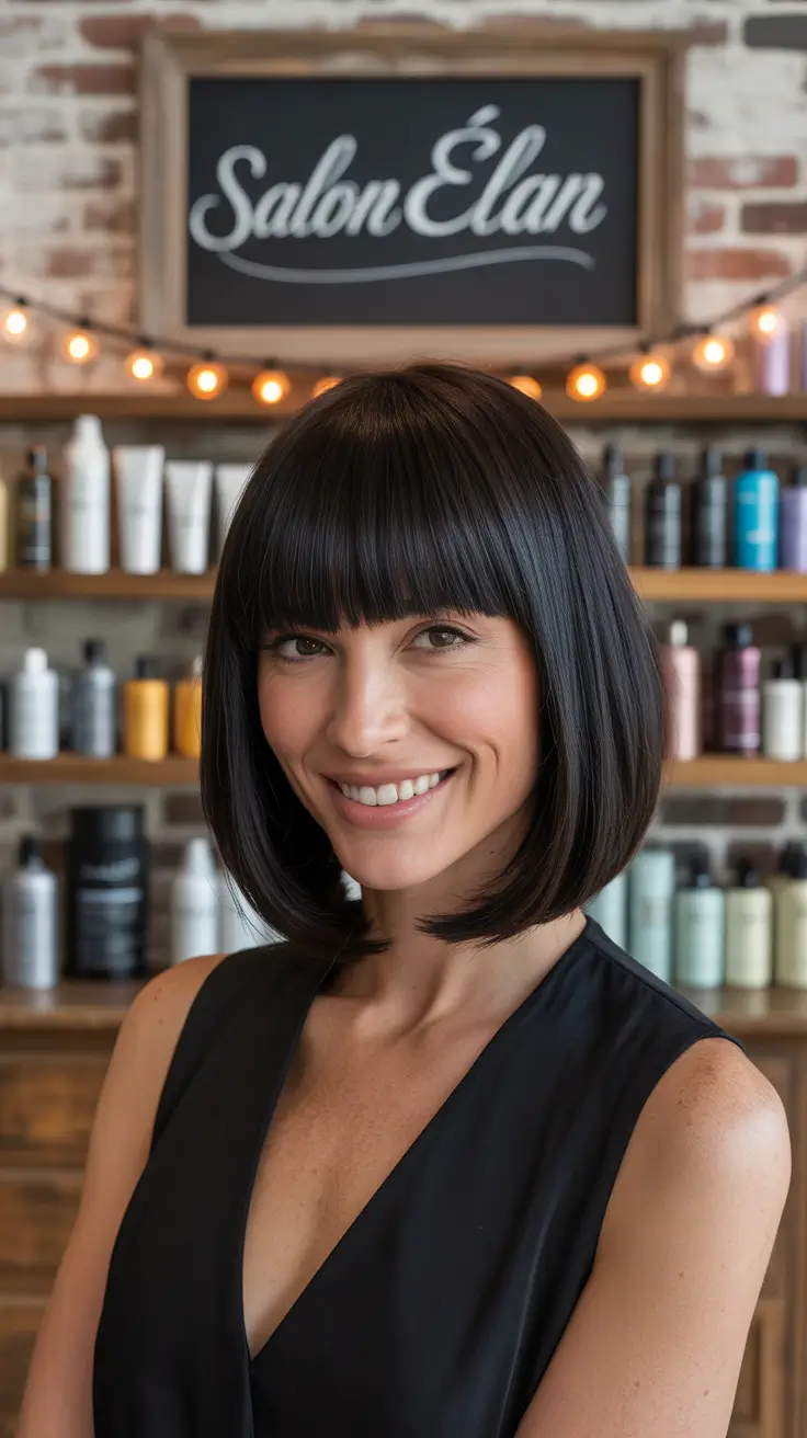 short winter haircuts straight Glossy Black Bob with Blunt Bangs