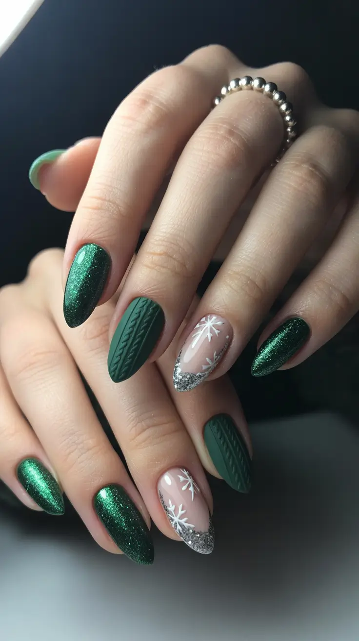 green winter nails designs Frosted Emerald Glam