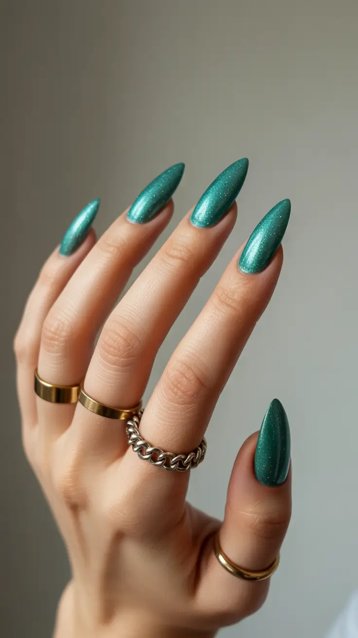 green winter nails almond Metallic Pine Glimmer