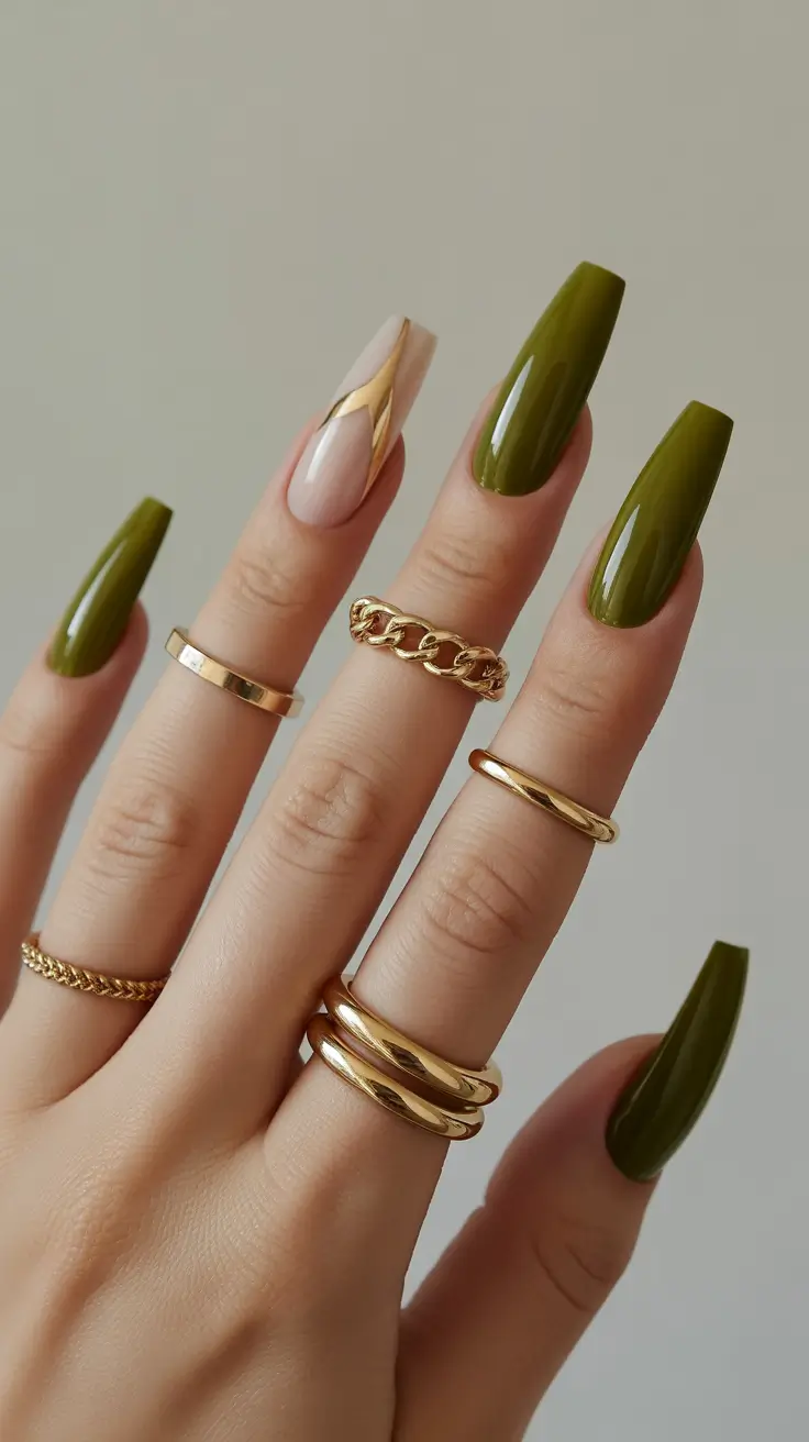 green winter nails coffin Golden Olive Allure