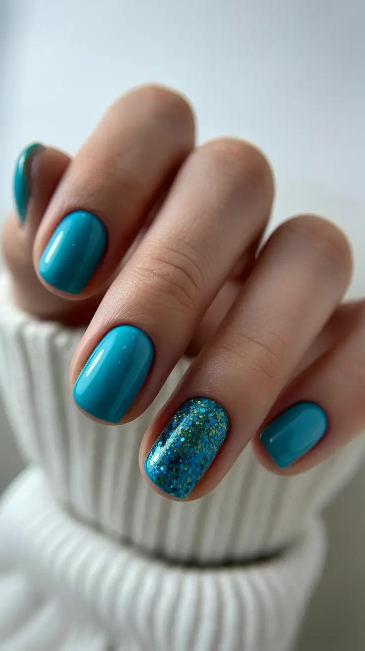 Stylish Short Nails Winter 2025-2026 Frosty Blue Sparkle