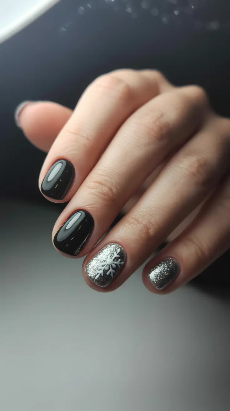 Stylish Short Nails Winter 2025-2026 Silver Snowflake Night