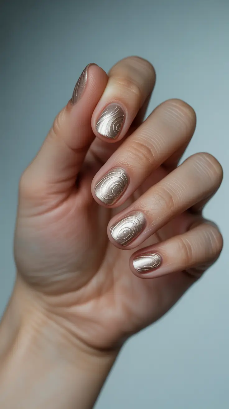 Stylish Short Nails Winter 2025-2026 Golden Satin Swirl