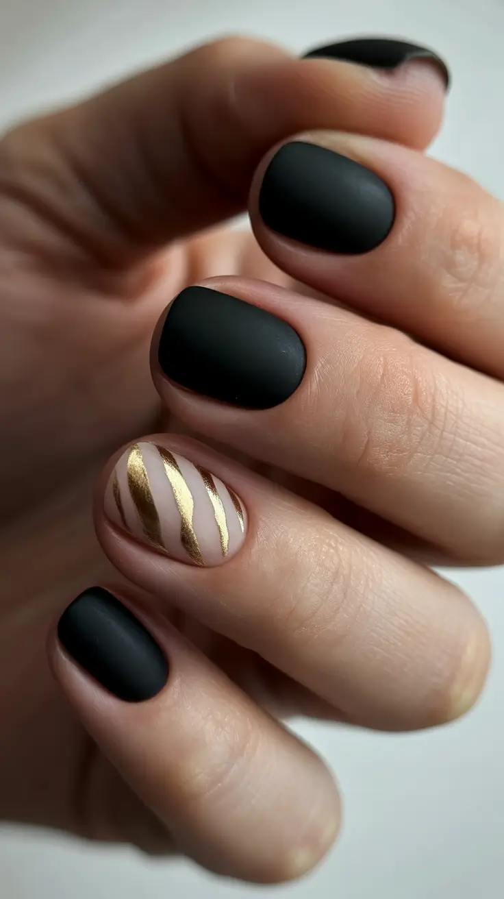 Stylish Short Nails Winter 2025-2026 Matte Gold Stripes