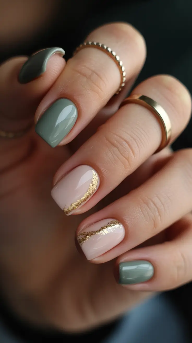 Stylish Short Nails Winter 2025-2026 Green & Gold Grace