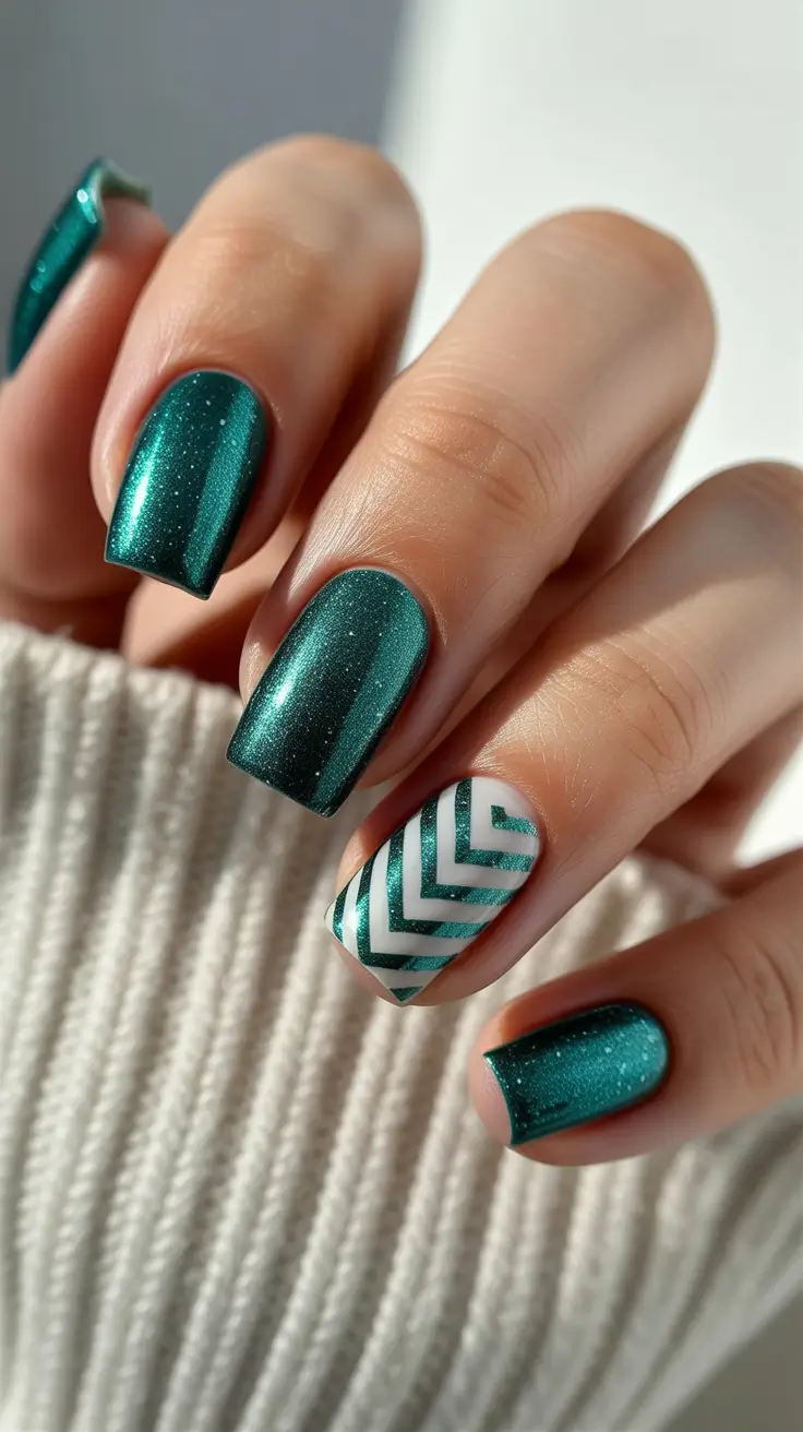Stylish Short Nails Winter 2025-2026 Emerald Zigzag