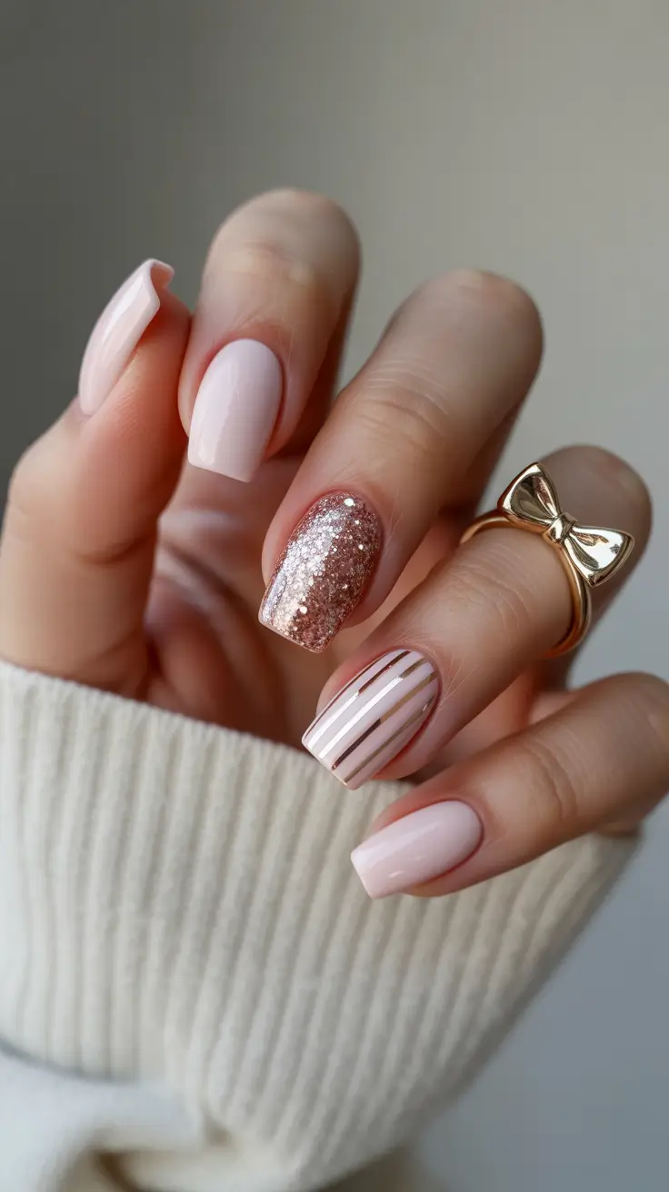 Stylish Short Nails Winter 2025-2026 Rose Gold Stripes