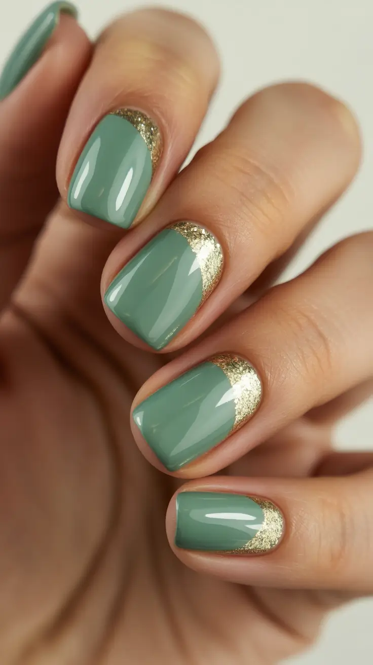 Stylish Short Nails Winter 2025-2026 Green With Gold Edge
