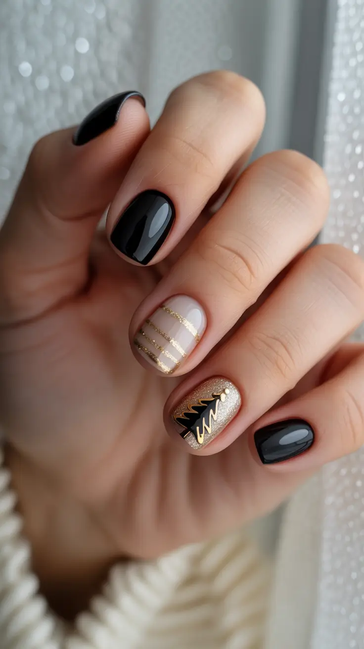 Stylish Short Nails Winter 2025-2026 Midnight Gold Charm