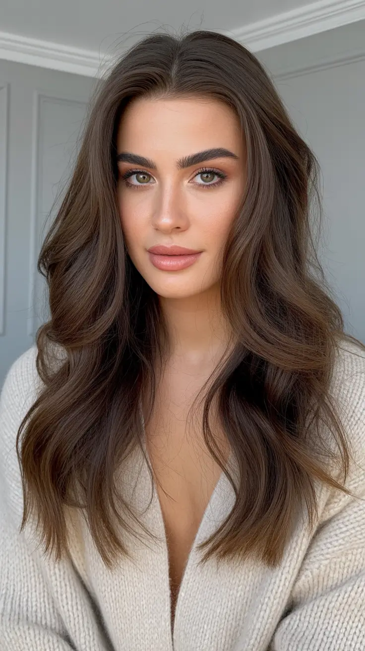 trending winter hair colors Soft Chestnut Waves