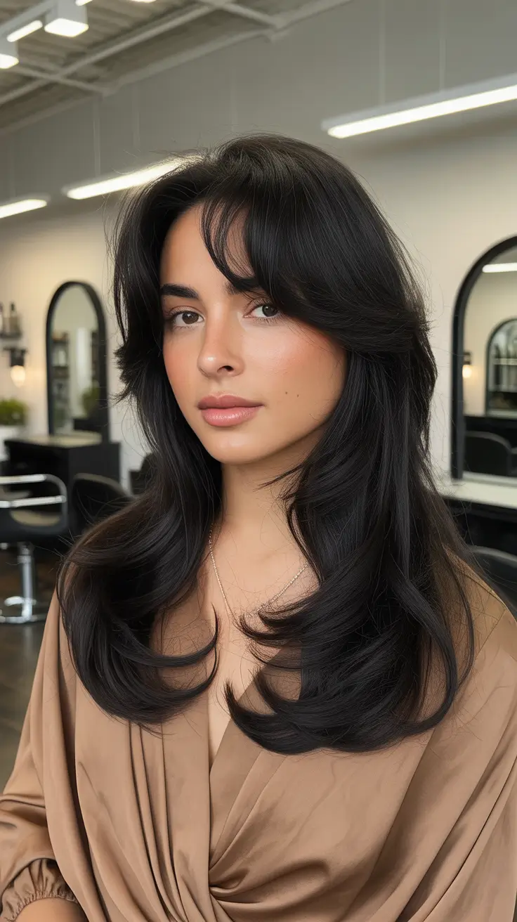 trending winter hair colors Midnight Layers with Curtain Fringe
