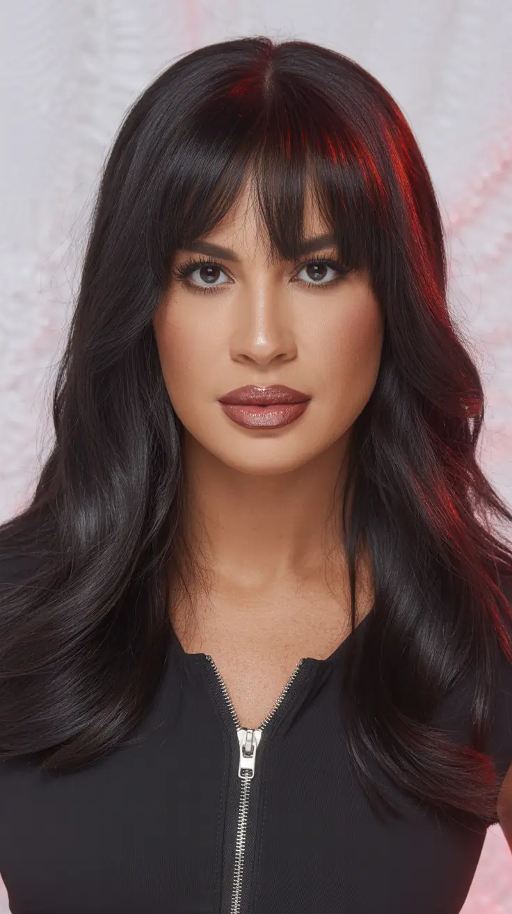 trending winter hair colors Deep Jet Layers with Blunt Bangs