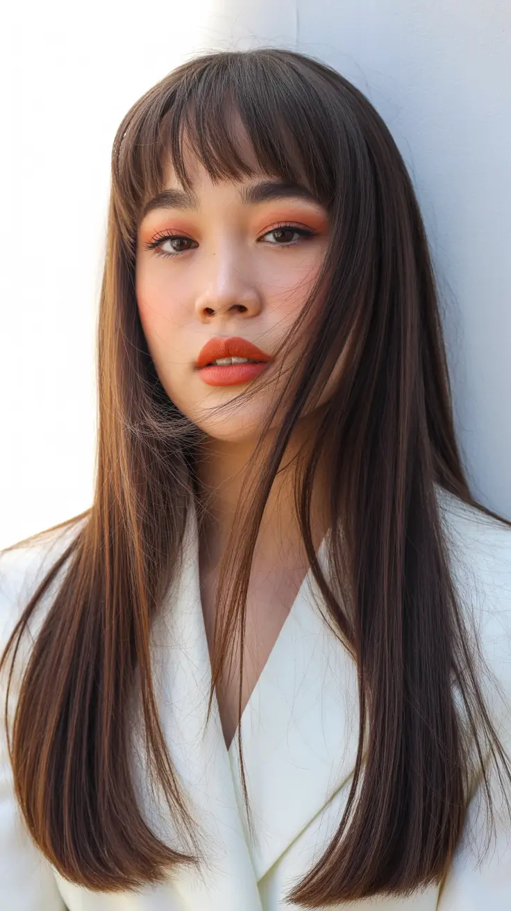 trending winter hair colors Chocolate Layers with Curtain Bangs