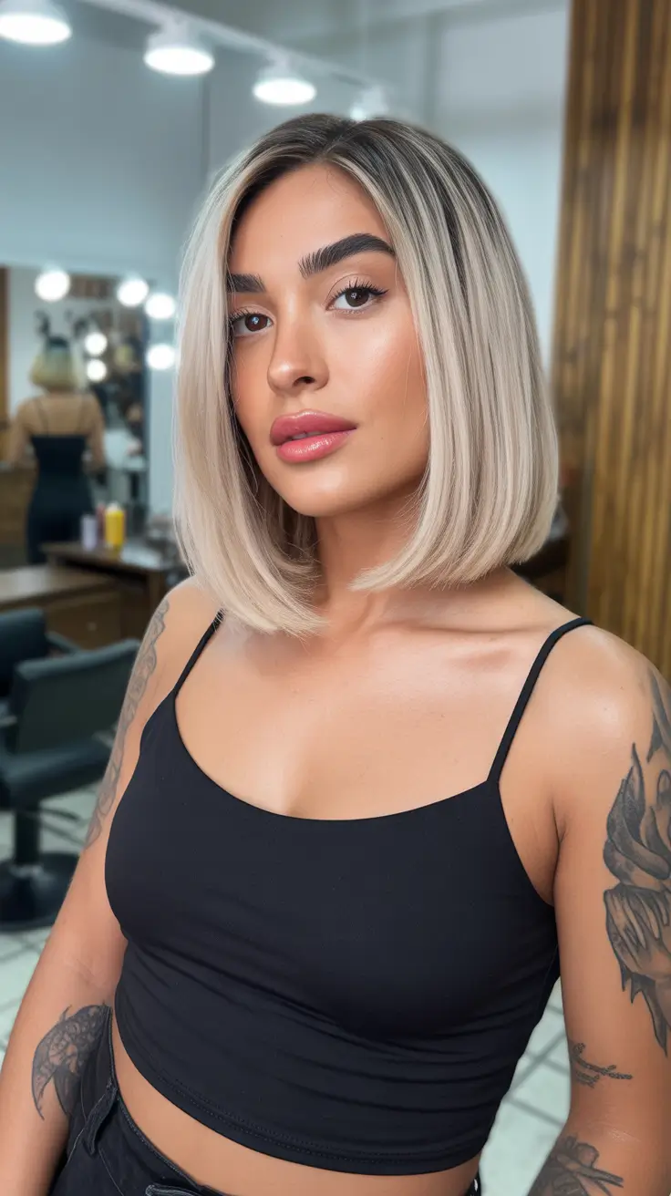 trending winter hair colors Champagne Blonde Bob
