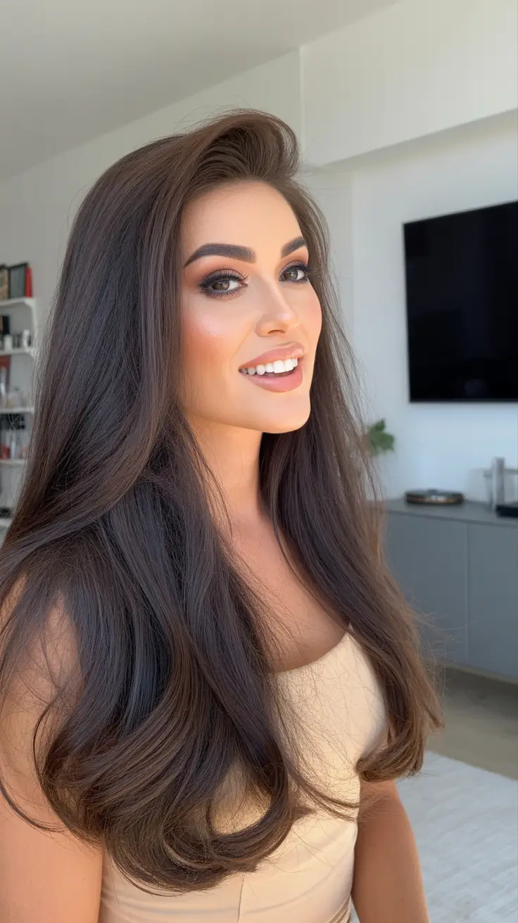 brown hair colors winter Voluminous Dark Chocolate Glam