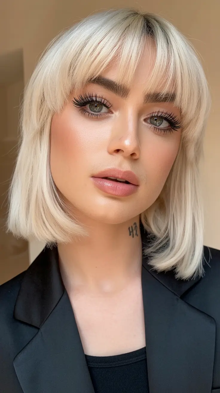 hair colors for blondes winter Soft Icy Platinum Bob with Feathered Bangs