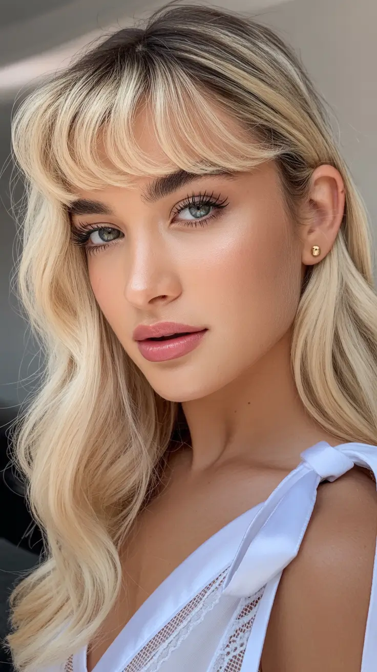 winter hair colors for strawberry blondes Golden Butter Blonde with Soft Curtain Bangs