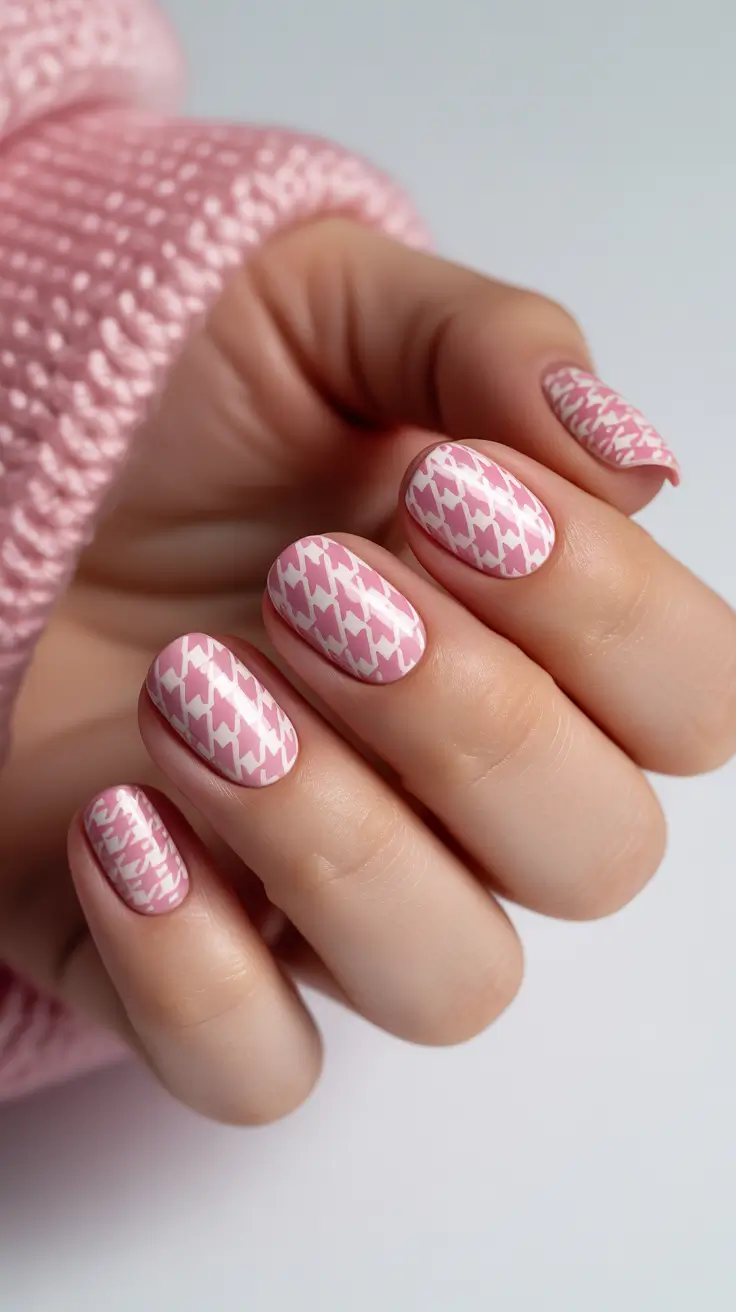 Trendy Pink Winter Nails 2025-2026 Cozy Houndstooth Charm