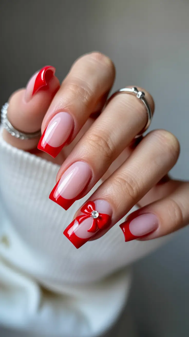 Trendy Red Nails Winter 2025-2026 Gift Bow French
