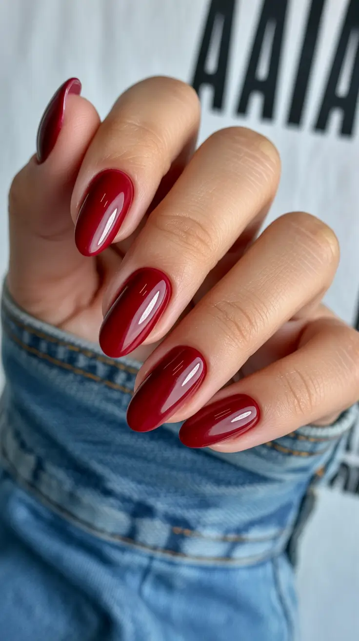 Trendy Red Nails Winter 2025-2026 Deep Ruby Denim