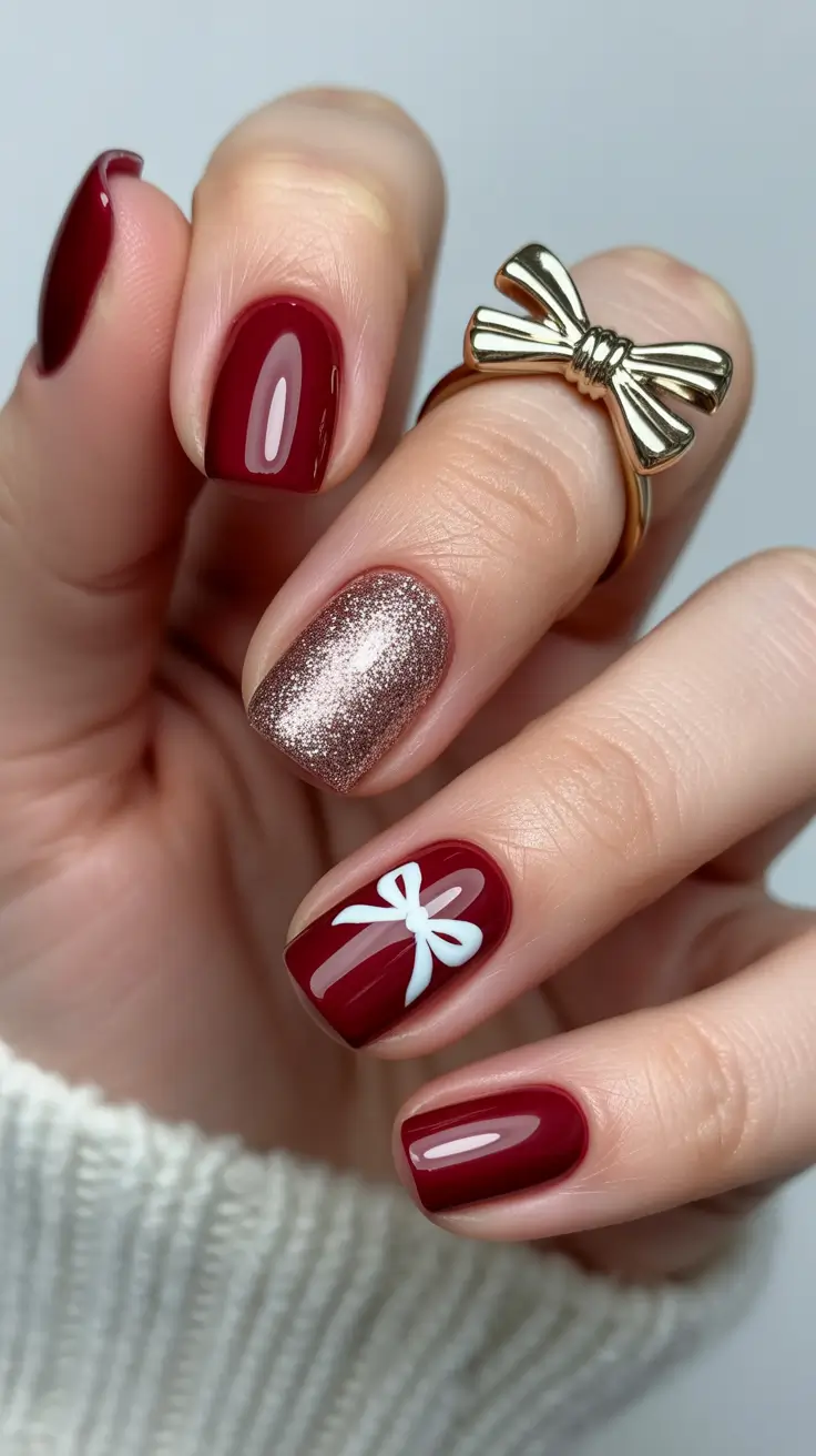 Trendy Red Nails Winter 2025-2026 Rose Bow Delight