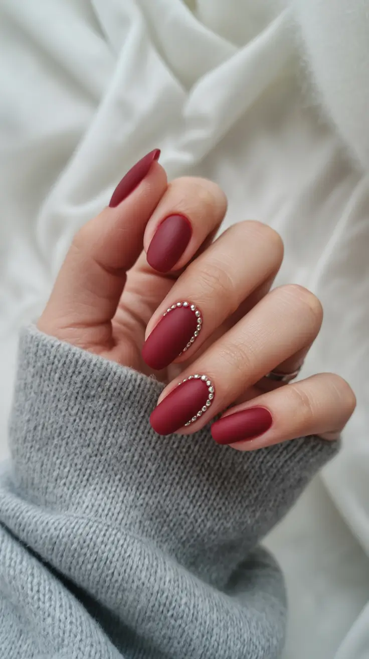 Trendy Red Nails Winter 2025-2026 Matte Ruby with Crystal Lining