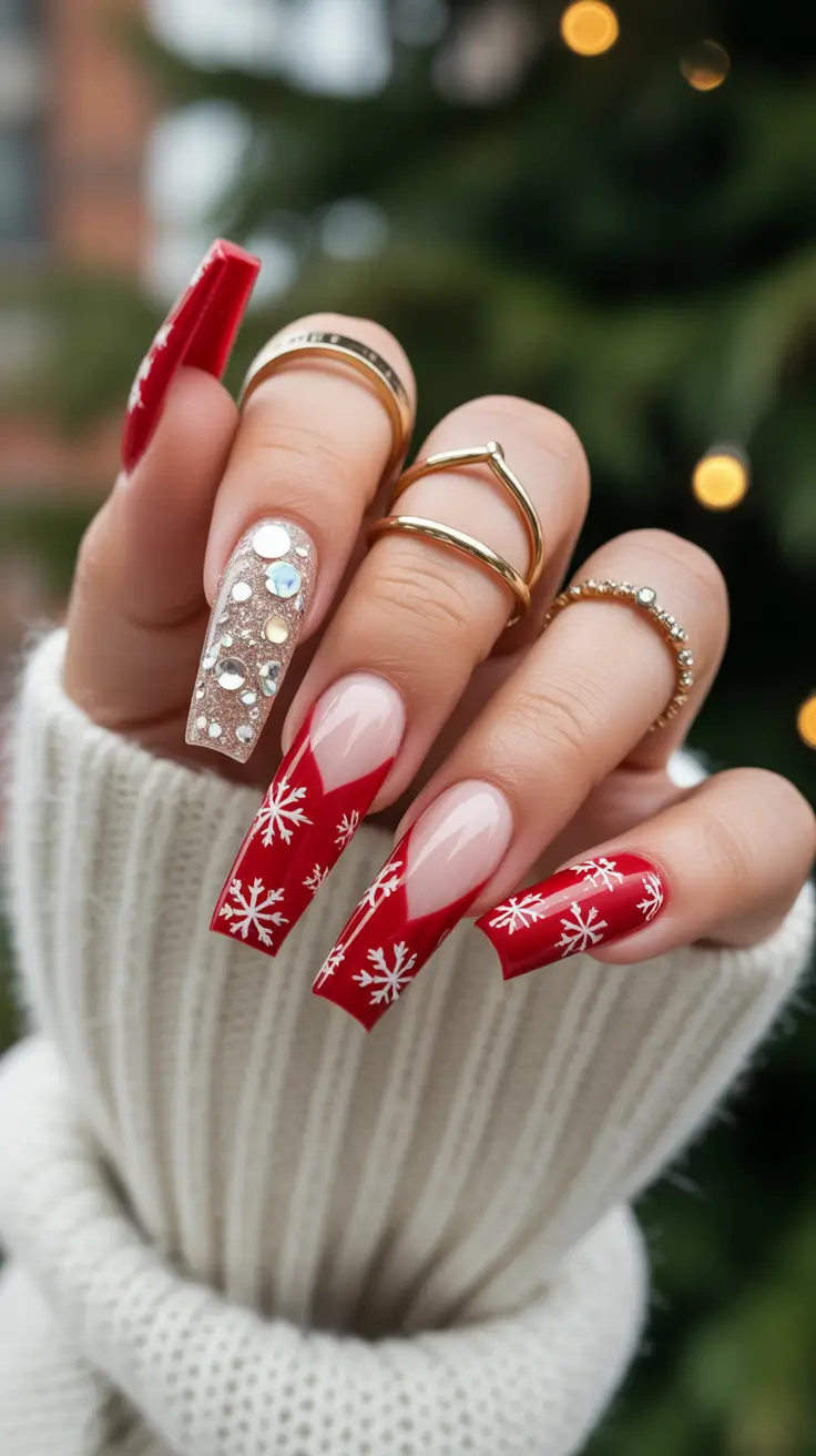 Trendy Red Nails Winter 2025-2026 Festive Snowflake Glam