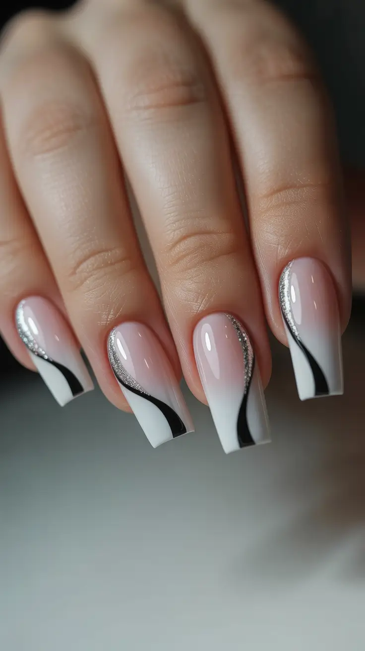 Trendy Simple Winter Nail Ideas 2025–2026 Monochrome Wave Chic