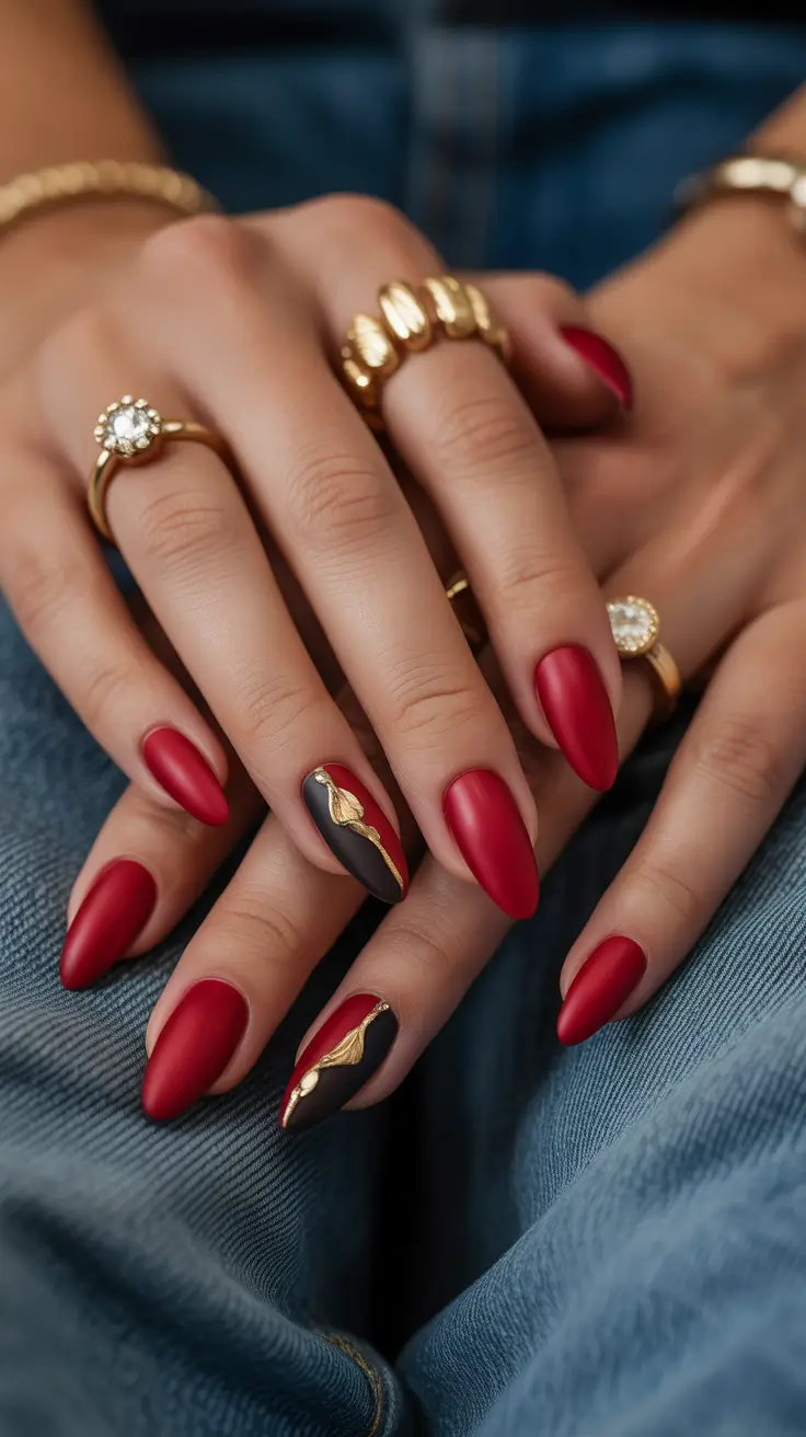 Trendy Simple Winter Nail Ideas 2025–2026 Matte Wine With Gold Accents