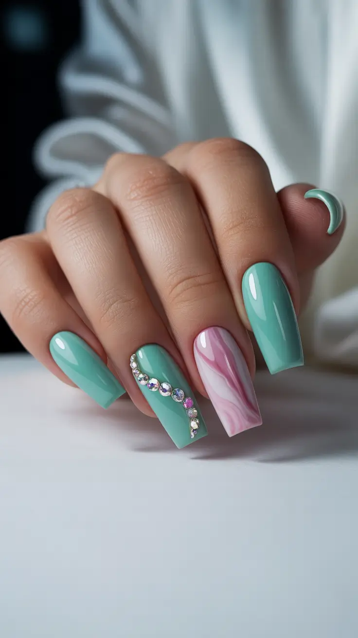 Trendy Simple Winter Nail Ideas 2025–2026 Mint Glam With Crystal Flow