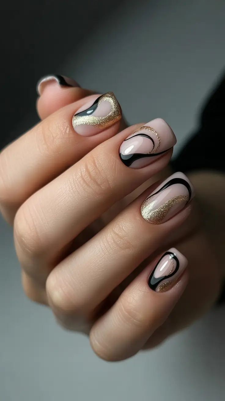 Trendy Simple Winter Nail Ideas 2025–2026 Golden Swirl Neutral