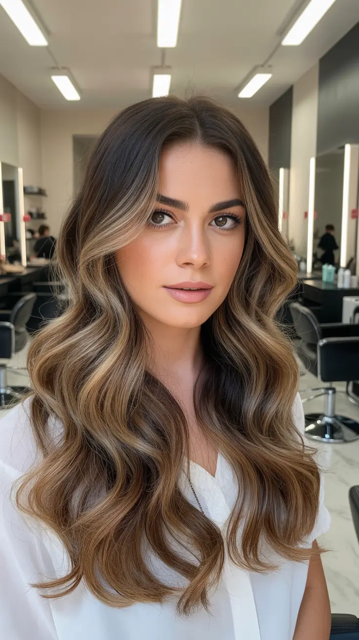 brown hair colors with highlights winter Hazel Bronde Waves