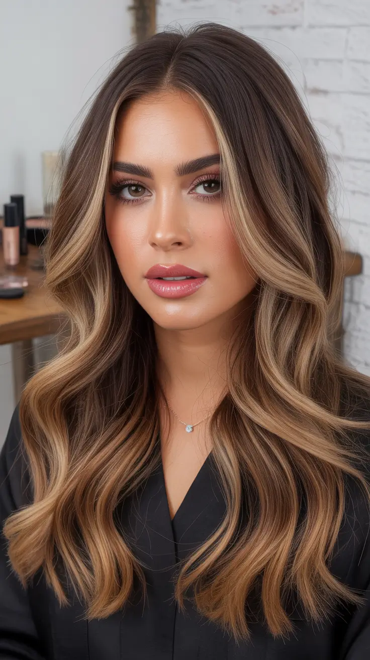 winter hair colors for brunettes with highlights Honey-Ribboned Brunette