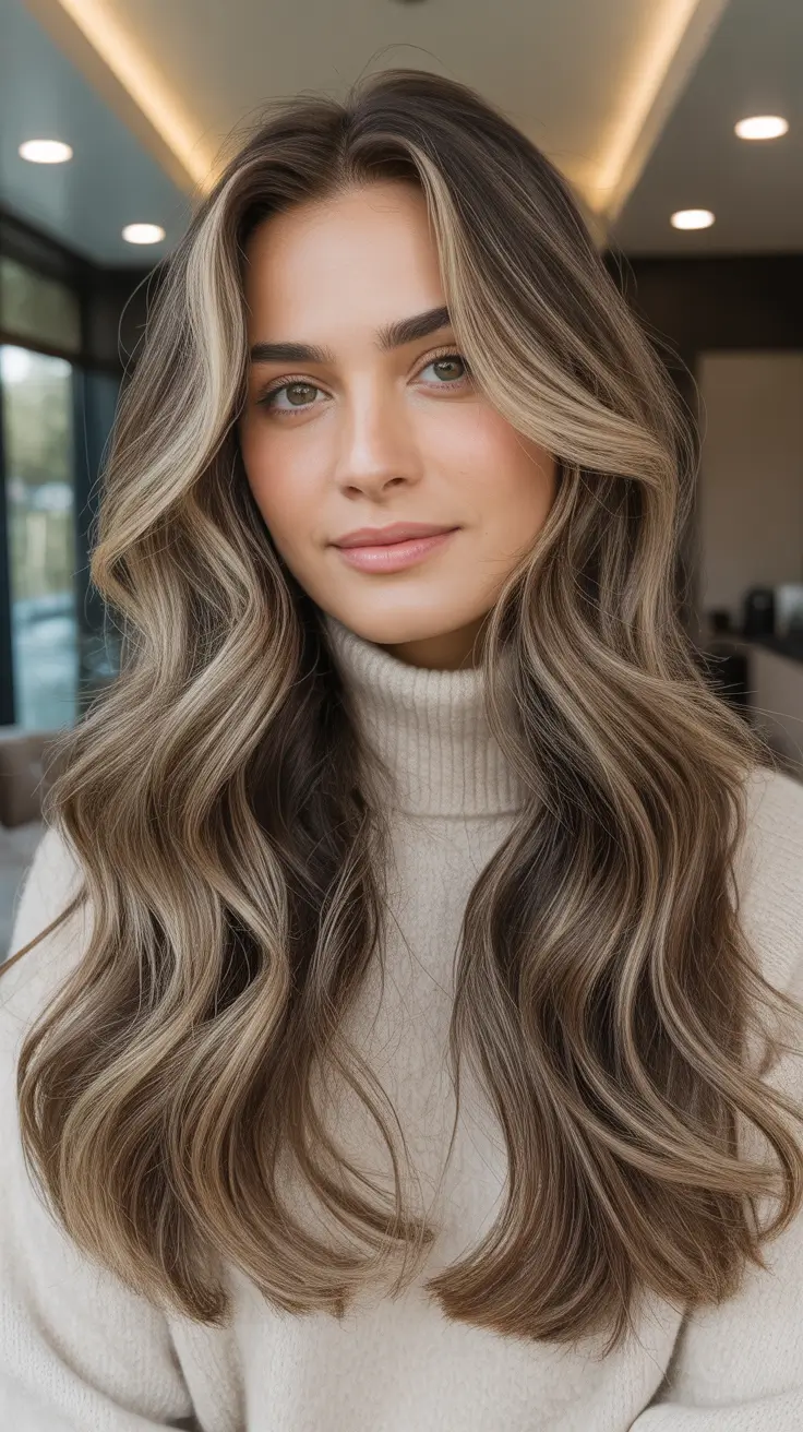 brown hair colors with highlights winter Soft Iced Hazelnut Balayage