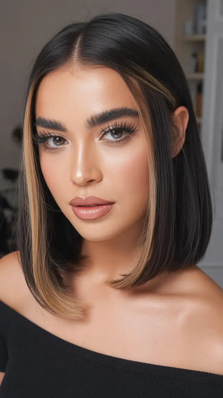 winter hair colors for brunettes highlights Midnight Bob with Golden Frame