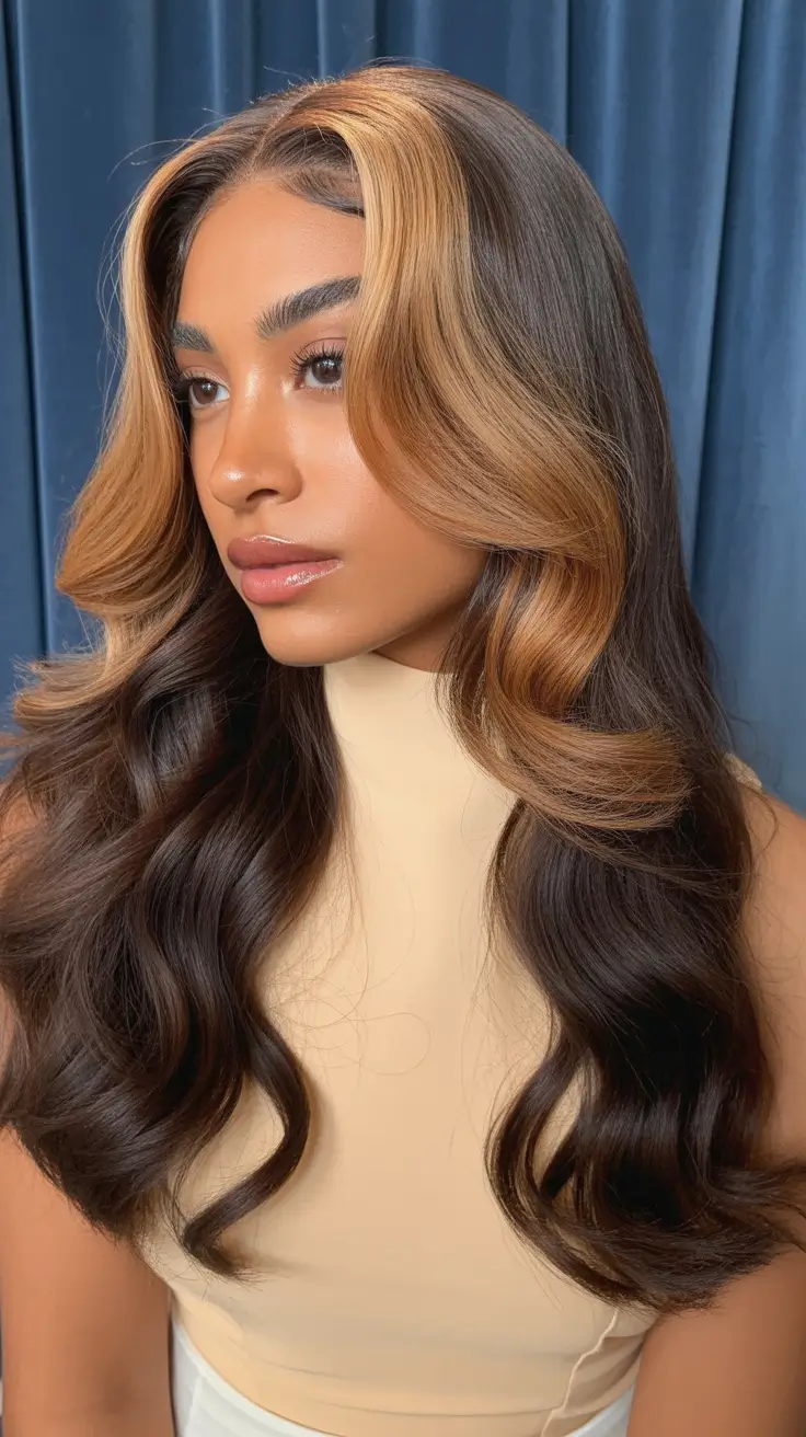 winter hair colors for dark skin Golden Money Piece Contrast