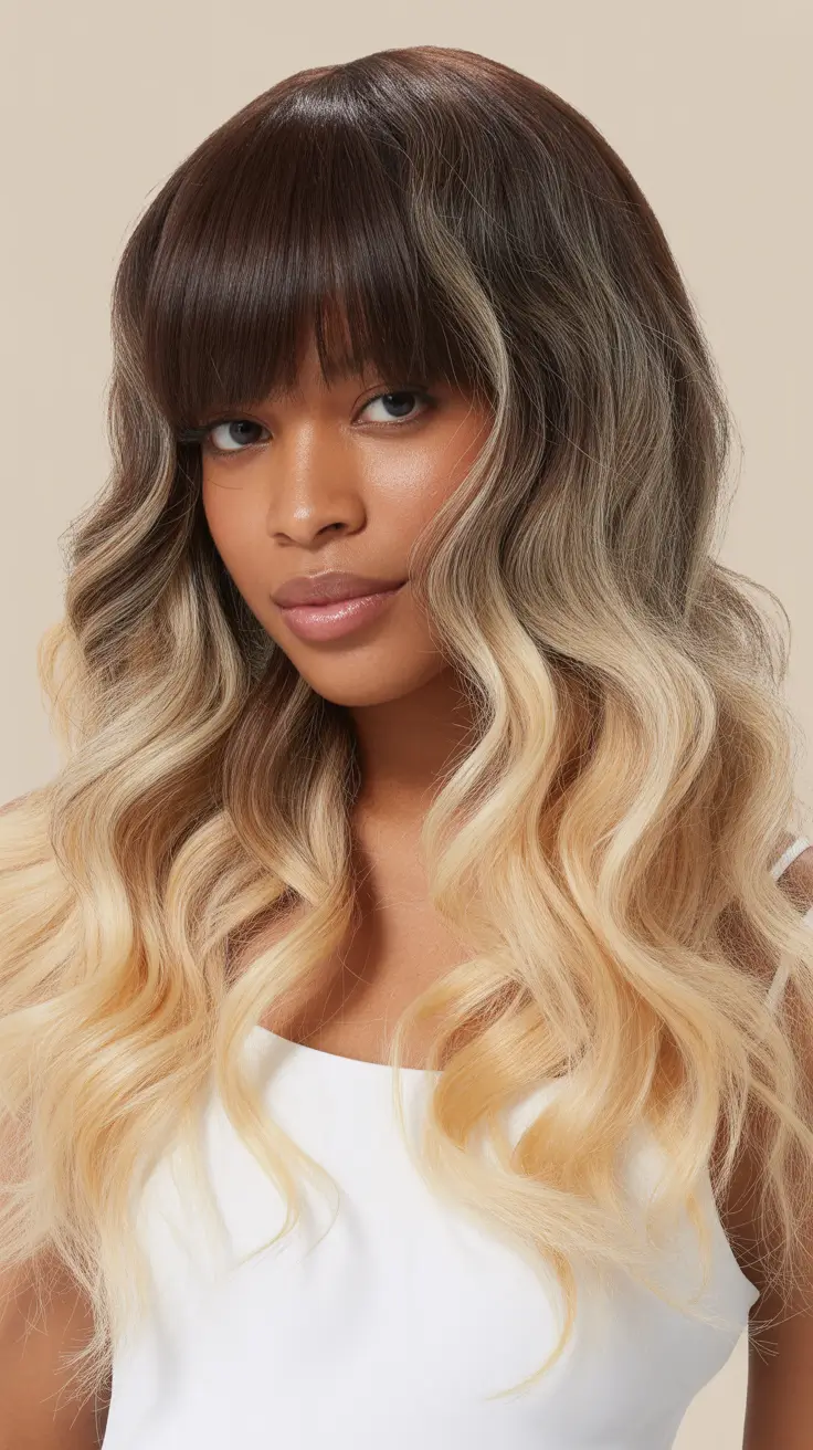 winter hair colors for dark skin Soft Toffee Blonde Waves with Bangs