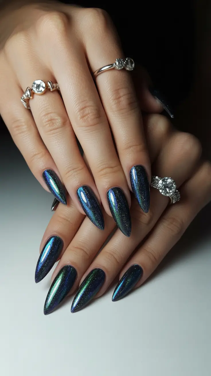 winter nails ideas dark Midnight Galaxy Chrome