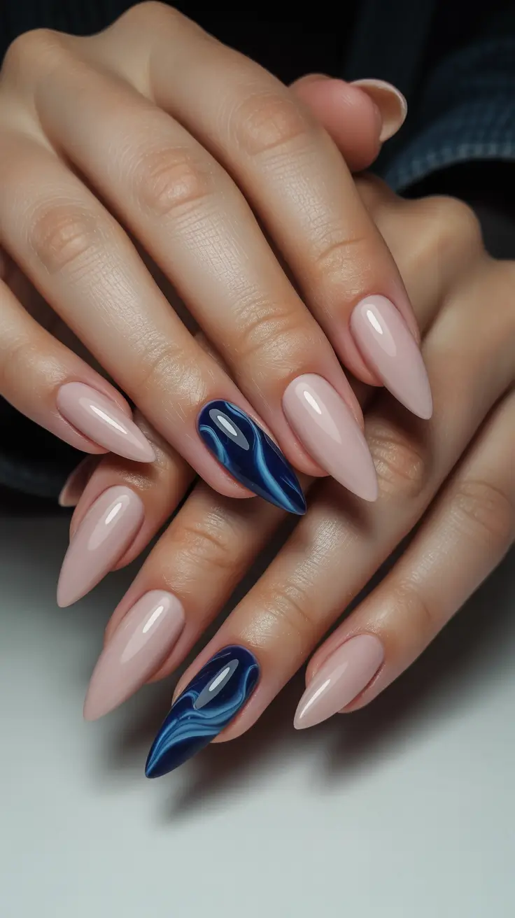 winter almond nails ideas blue Marble Midnight Accent
